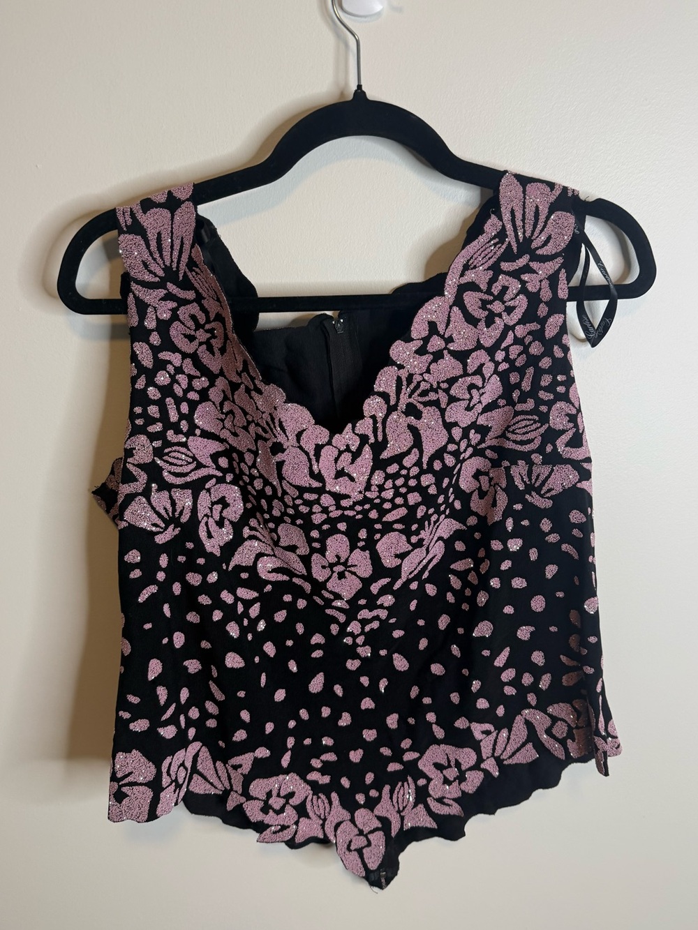 Cartise Black Tank Top with Pink Floral Scallop Trim sparkly size 16